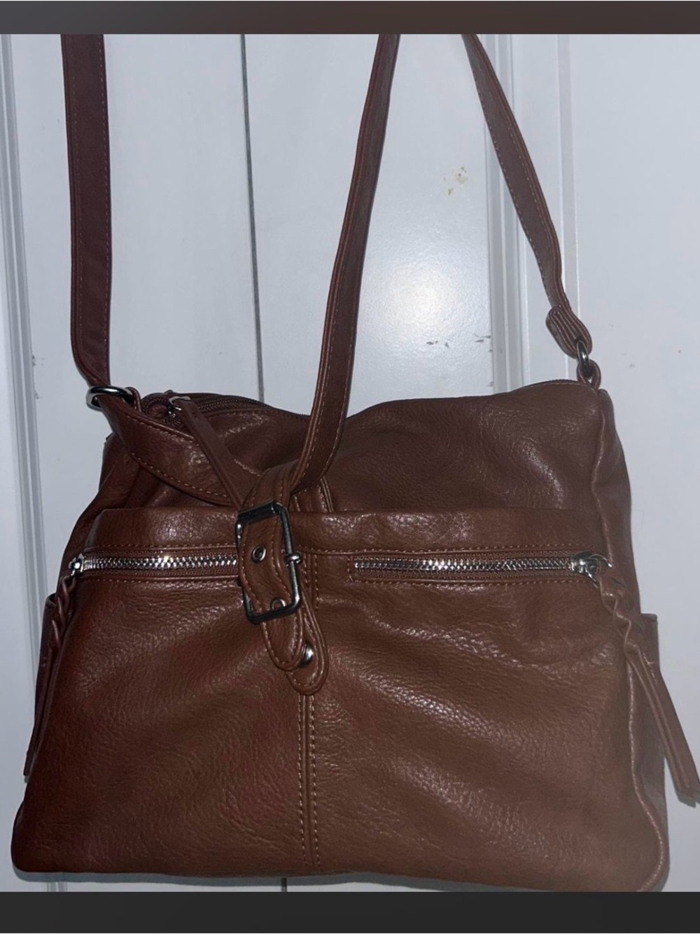 Zara Terez Brown Leather Shoulder Bag with Front Zips